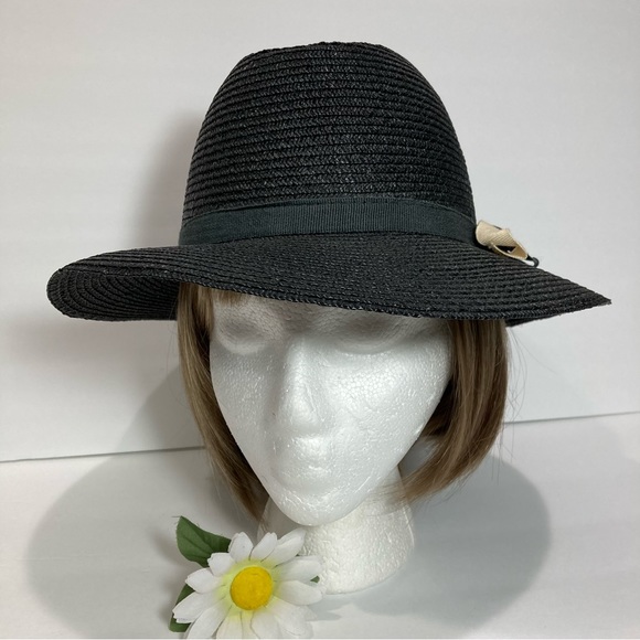 Black Straw Fedora Grosgrain Band Wide Brim Hat NWOT - Picture 2 of 6